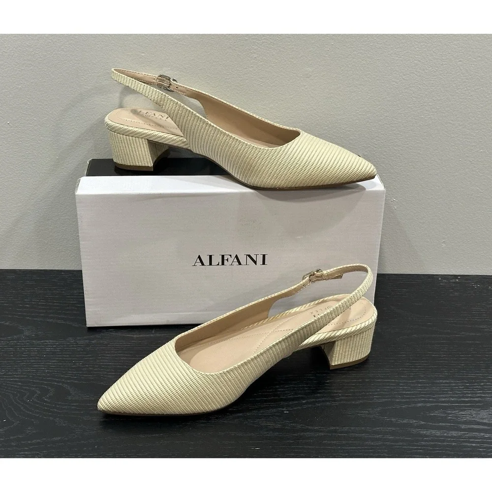 Alfani Step Flex Woman's Beige sling back Block Heels pumps Size 7.5W New READ